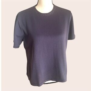 90s Minimalist Cotton Knit Top Crochet Trim Slate Gray L